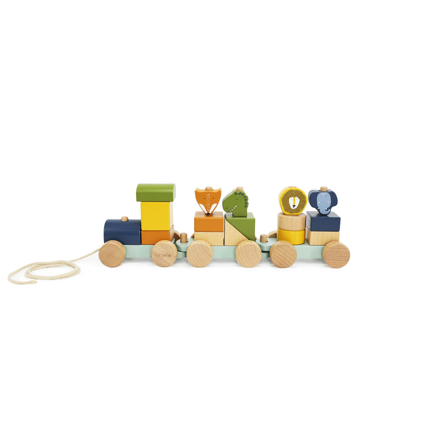 Train en bois Trixie gravé bleu et jaune Dino Éléphant