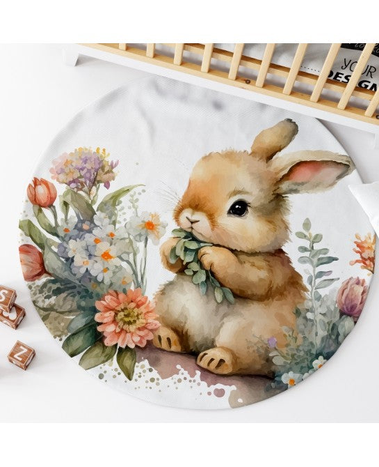Tapis rond lapin fleurs