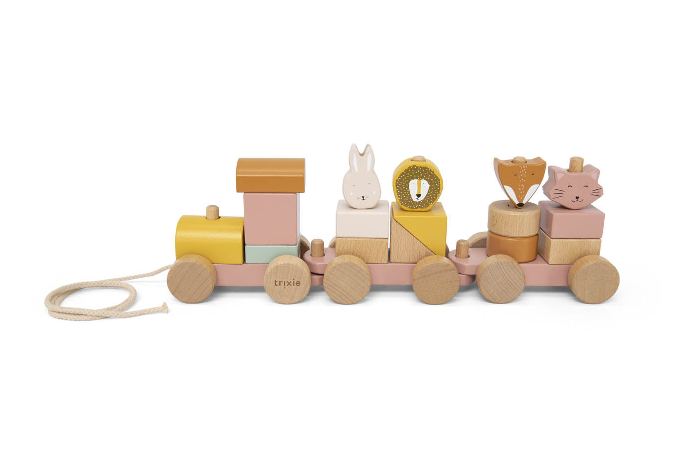 Train en bois Trixie gravé rose et jaune