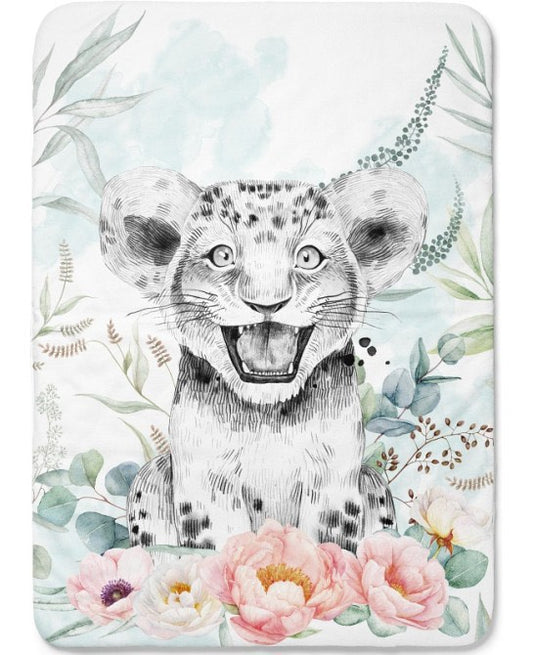 Couverture lion vert d'eau et rose